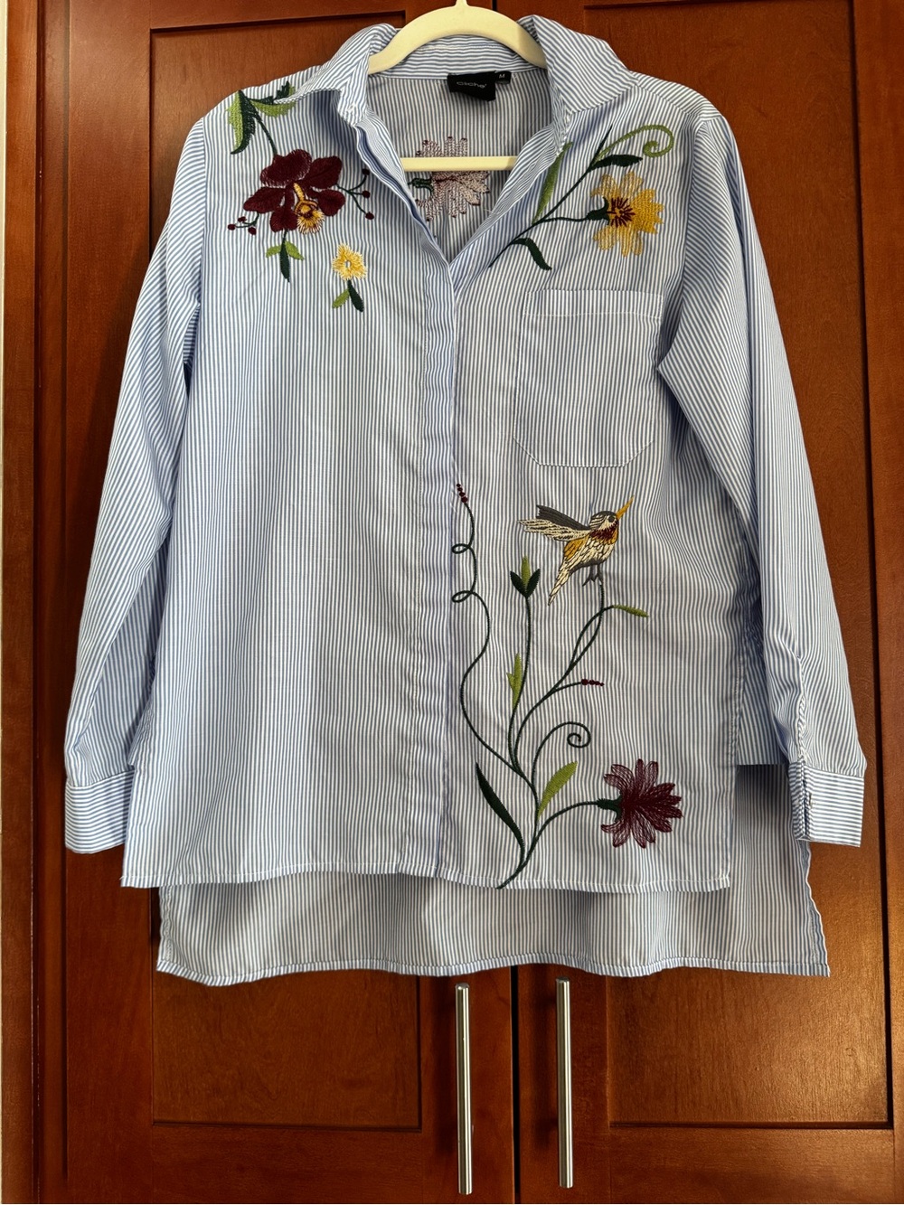 Cliche Blue & White Striped Embroidered Button Down Shirt Hummingbirds & Flowers